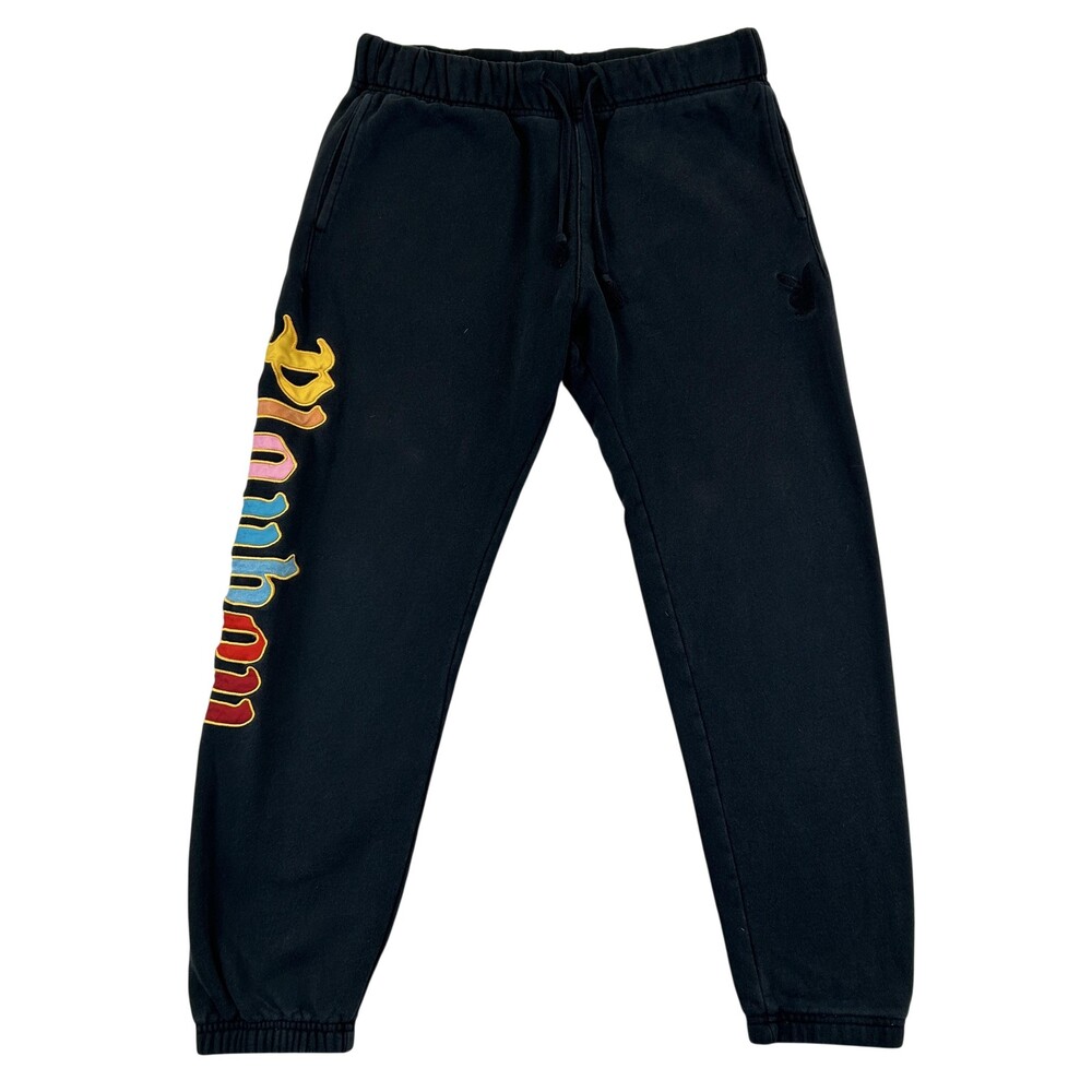 Playboy Sweatpant Jogger Pants Men's Medium Black Logo Fleece PacSun FLAW READ